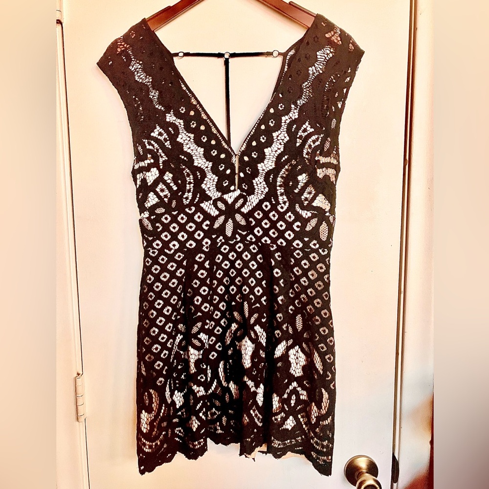 Elegant Free People Black Lace over Cream Fit and Flare Structured Dress